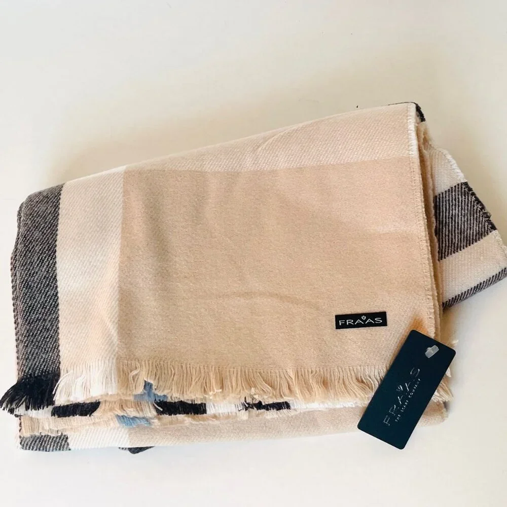 Fraas Plaid Tartan Cashmink Throw Blanket Beige Large Fringe Woven